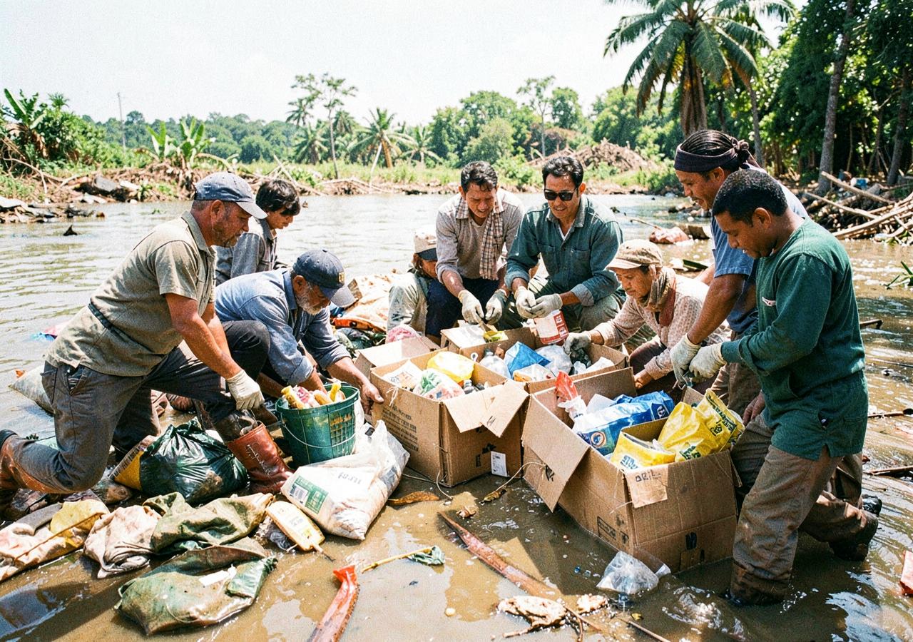 Disaster relief volunteers organizing emergency supplies after a flood