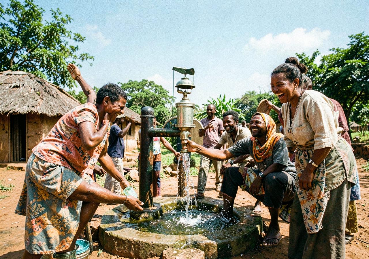 A community gathering around a new clean-water pump