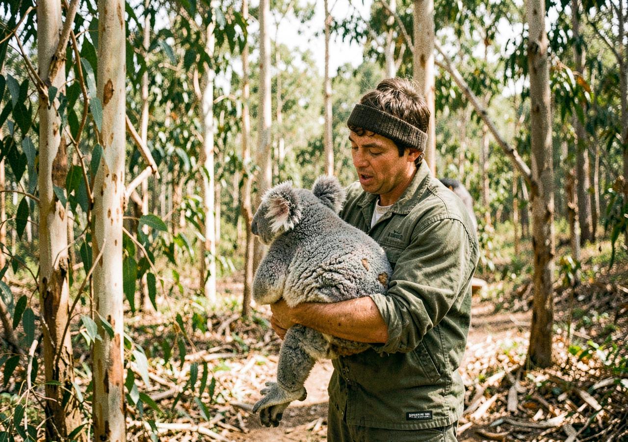 A wildlife rescue worker carrying a koala through a sanctuary